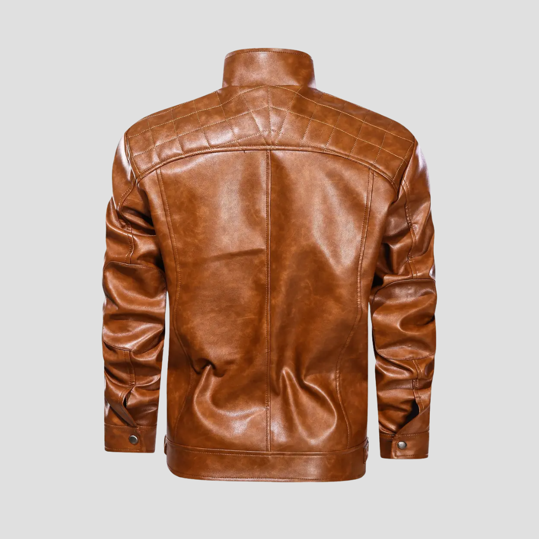 "Veste motard rétro pour homme en similicuir noir avec col montant et poches zippées, élégante et ajustée."