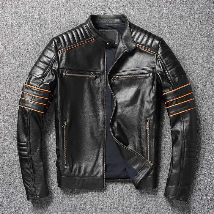 Veste moto cuir homme, style biker. Broderie crâne.  Coupe classique.