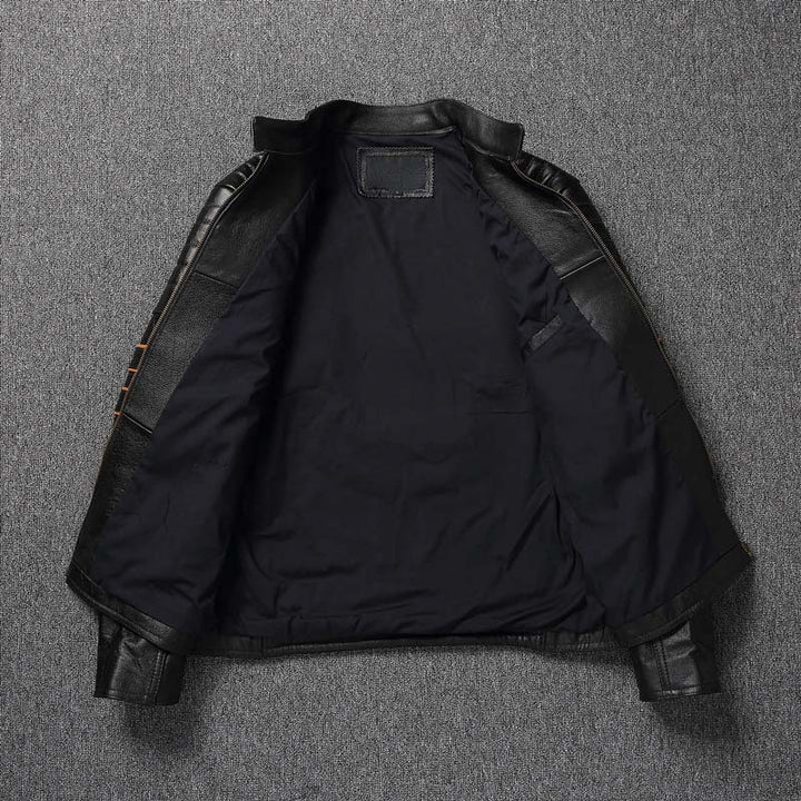Veste moto cuir homme, style biker. Broderie crâne.  Coupe classique.