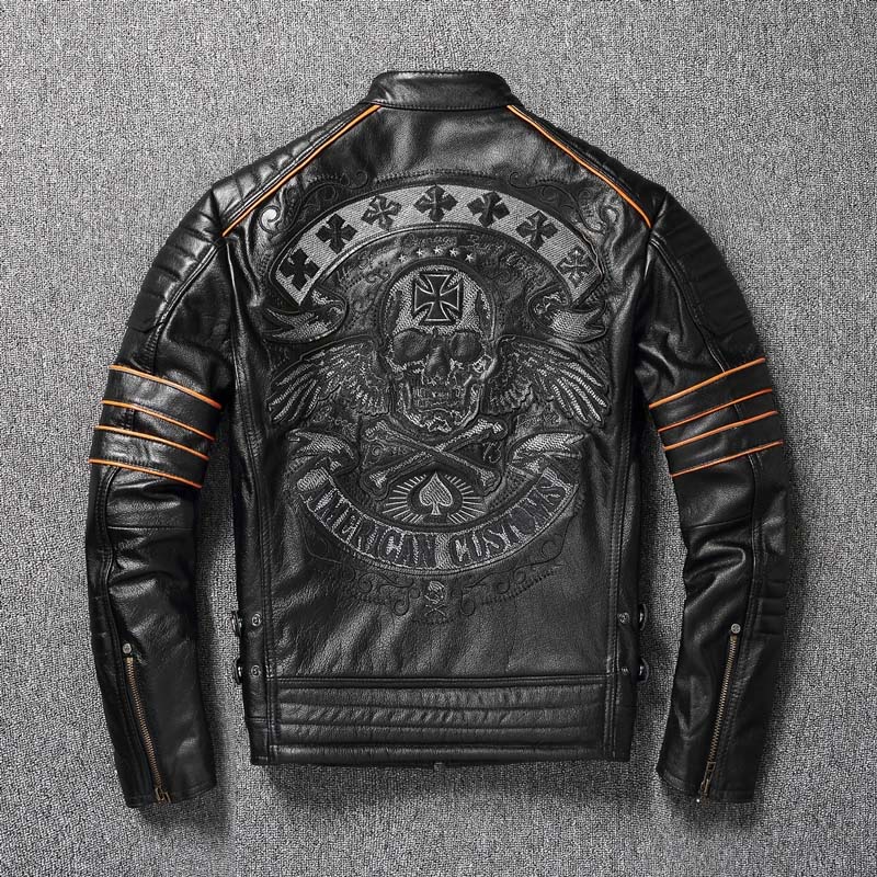 Veste moto cuir homme, style biker. Broderie crâne.  Coupe classique.