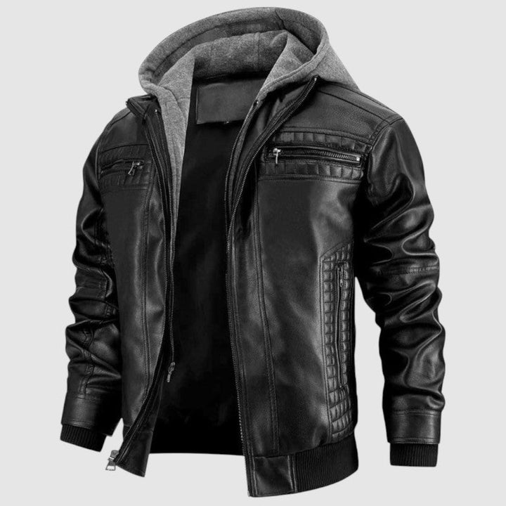 Veste moto homme rétro zippée avec capuche, style urbain décontracté, mode automne-printemps.