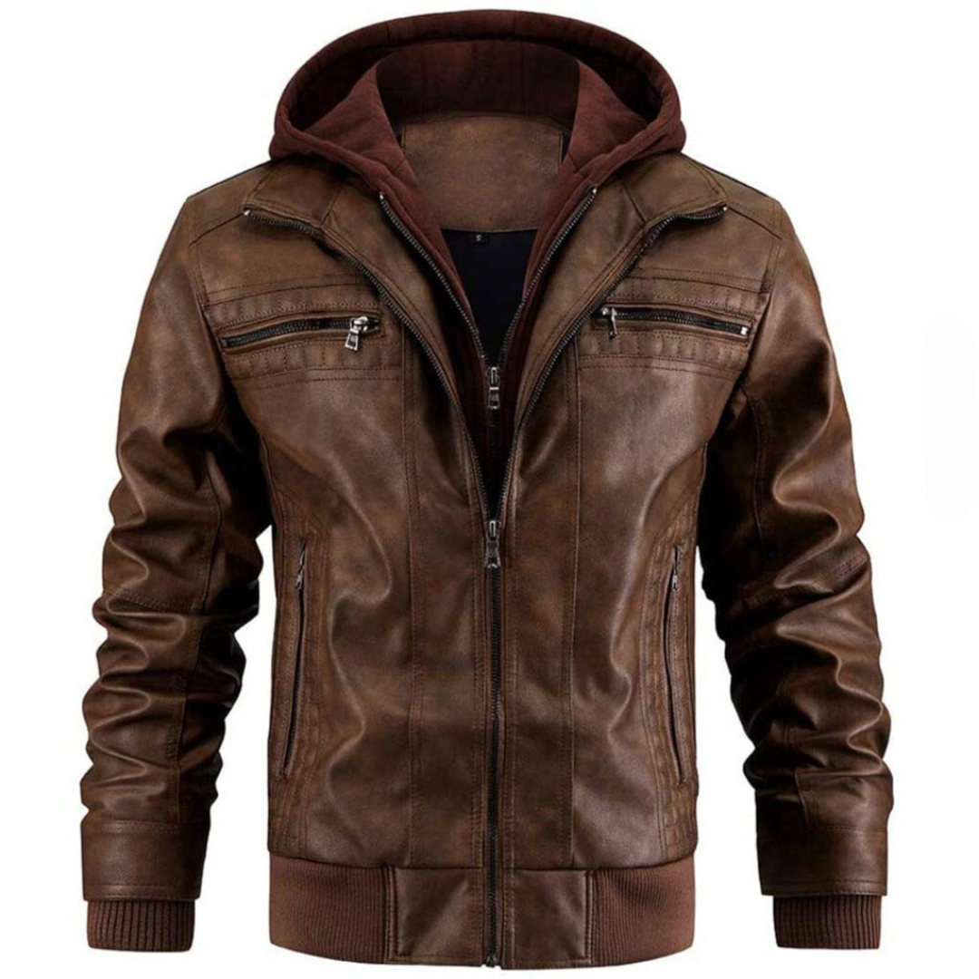 Blouson moto homme rétro, capuche intégrée, style urbain et décontracté, fermeture éclair robuste.