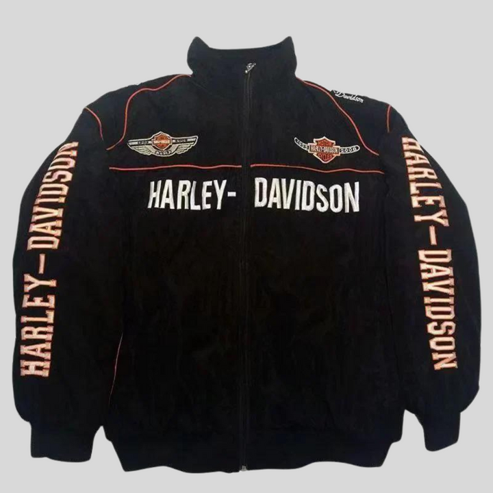 Veste moto rétro unisexe, coupe ample, style vintage.  Noir, détails stylés.