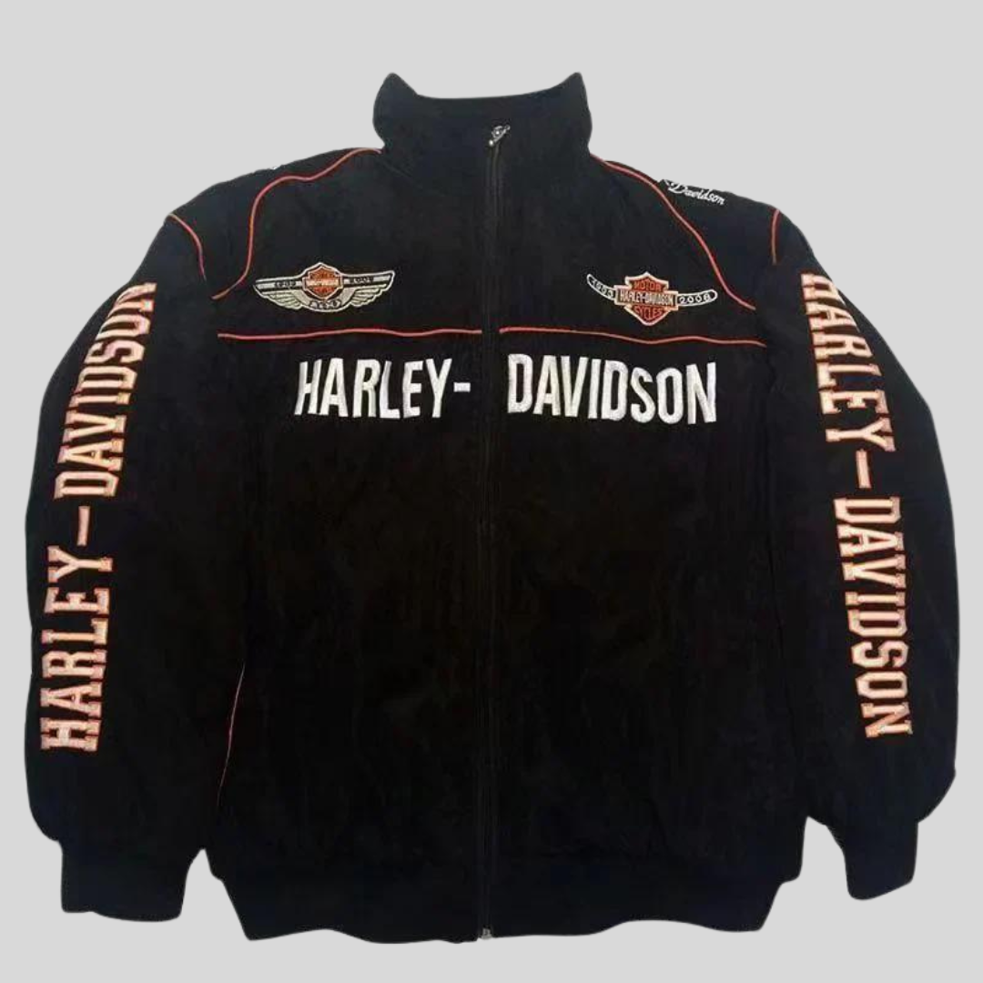 Veste moto rétro unisexe, coupe ample, style vintage.  Noir, détails stylés.