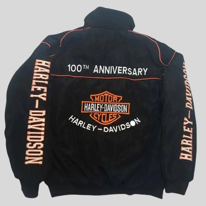 Veste moto rétro unisexe, coupe ample, style vintage.  Noir, détails stylés.
