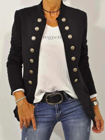 Veste noire élégante, manches longues, boutons. Coupe longue et polyvalente.