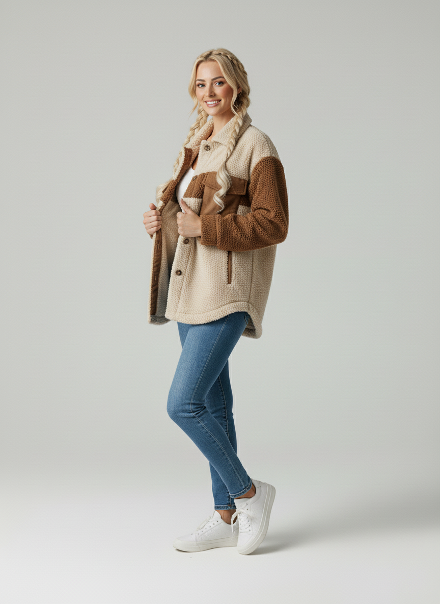 Veste Sherpa femme chaude et élégante, idéale pour l'hiver. Confort quotidien et style contemporain.