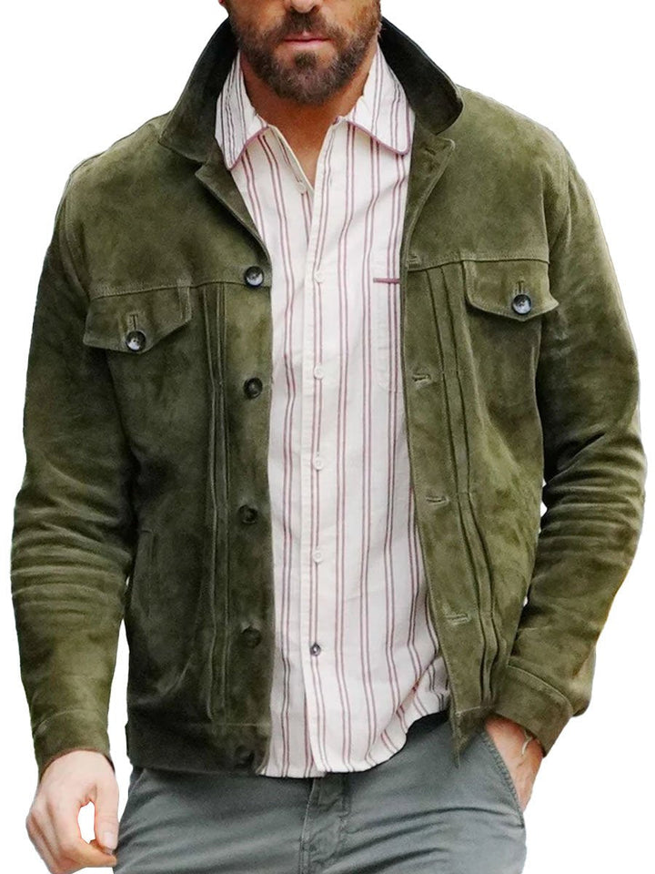 Veste suède vintage homme, coupe décontractée, poches multiples, vert.