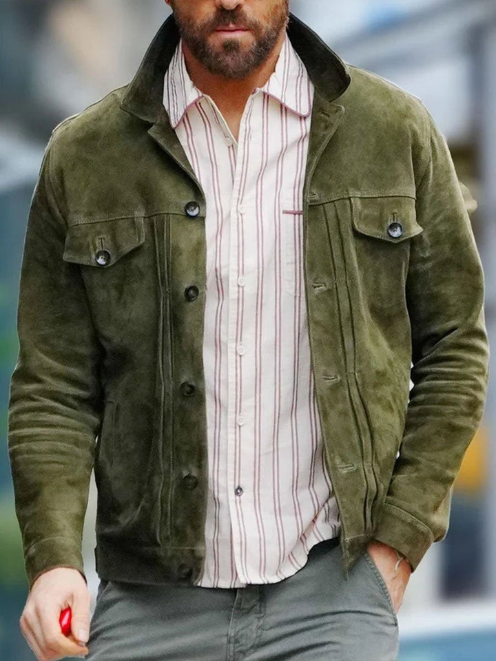 Veste suède vintage homme, coupe décontractée, poches multiples, vert.