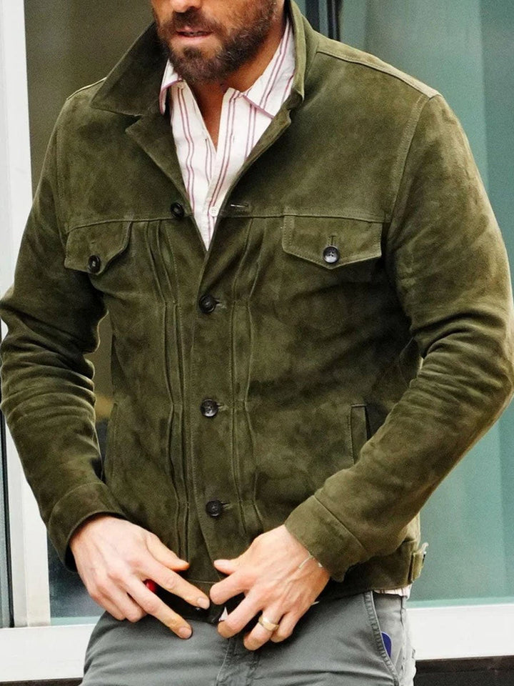 Veste suède vintage homme, coupe décontractée, poches multiples, vert.