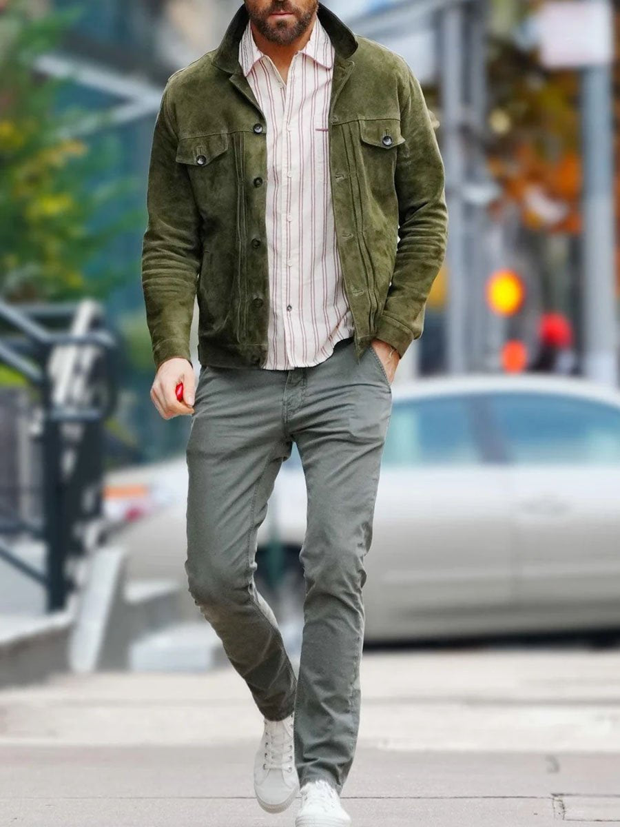 Veste suède vintage homme, coupe décontractée, poches multiples, vert.