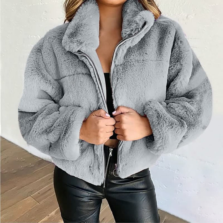 Veste femme douce, style décontracté, col montant zippé, manteau court confortable et chaud en hiver.