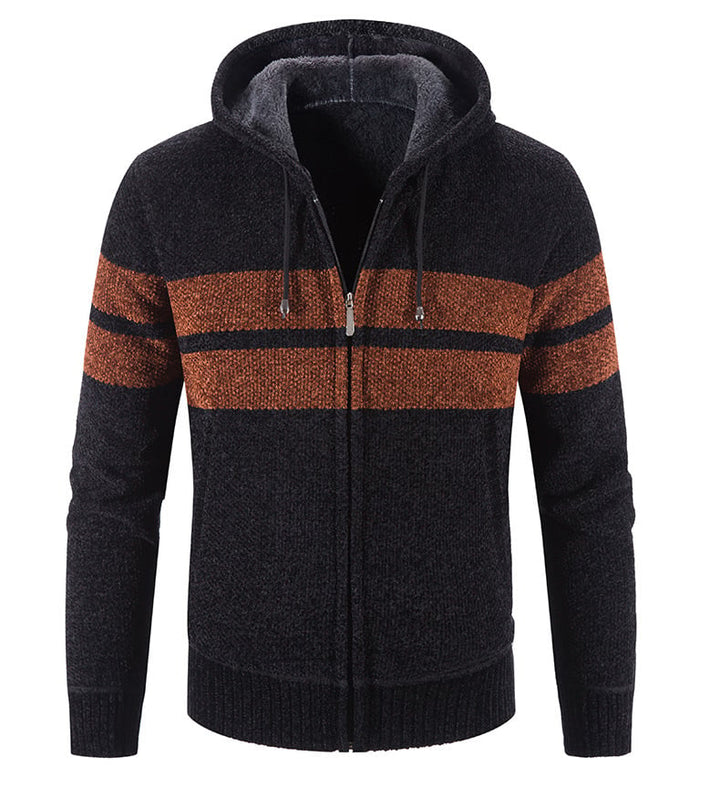 Veste tricotée homme avec capuche, doublure thermique chaude et zip. Idéale mode automne/hiver décontractée.