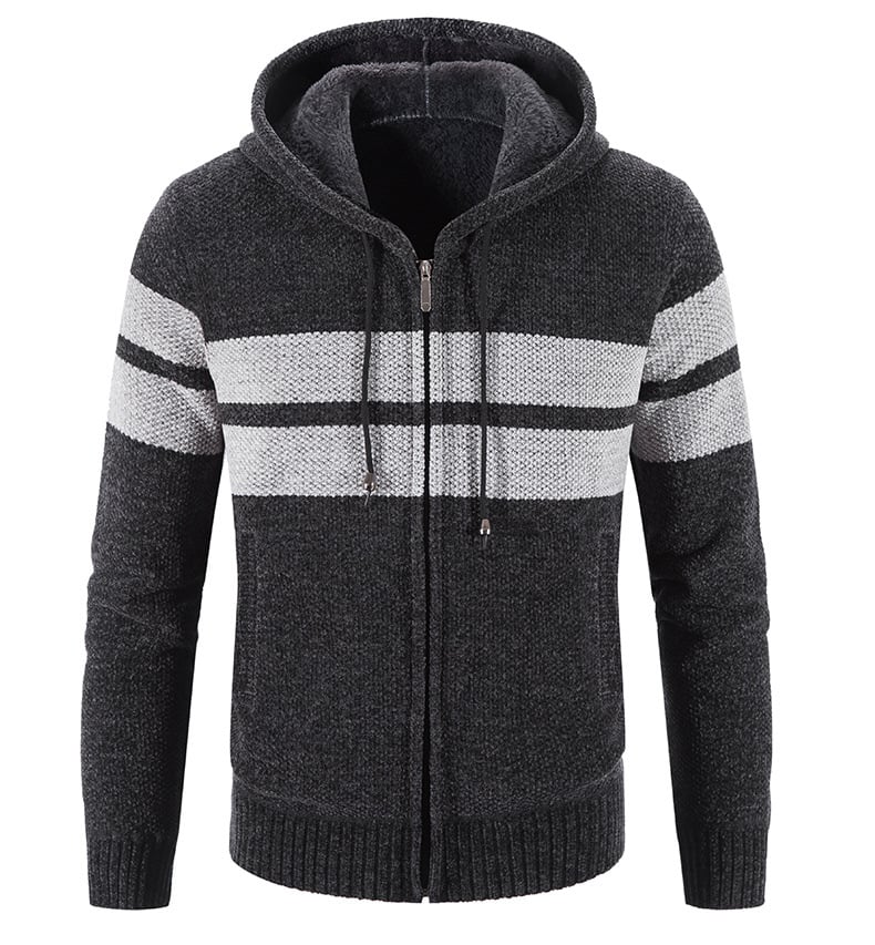 Cardigan homme tricoté moderne à capuche, doublure thermique, parfait pour l'hiver et le style décontracté.