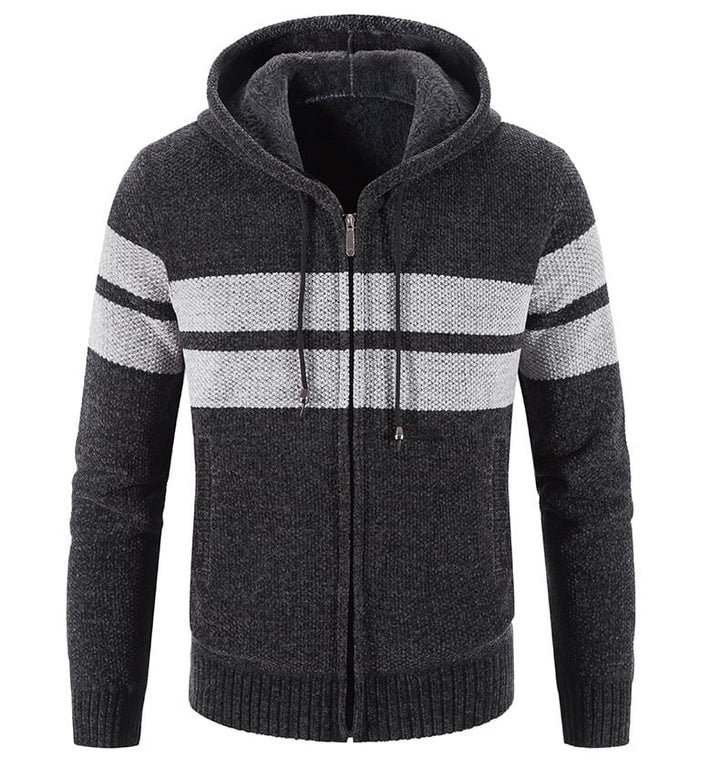 Cardigan homme tricoté moderne à capuche, doublure thermique, parfait pour l'hiver et le style décontracté.
