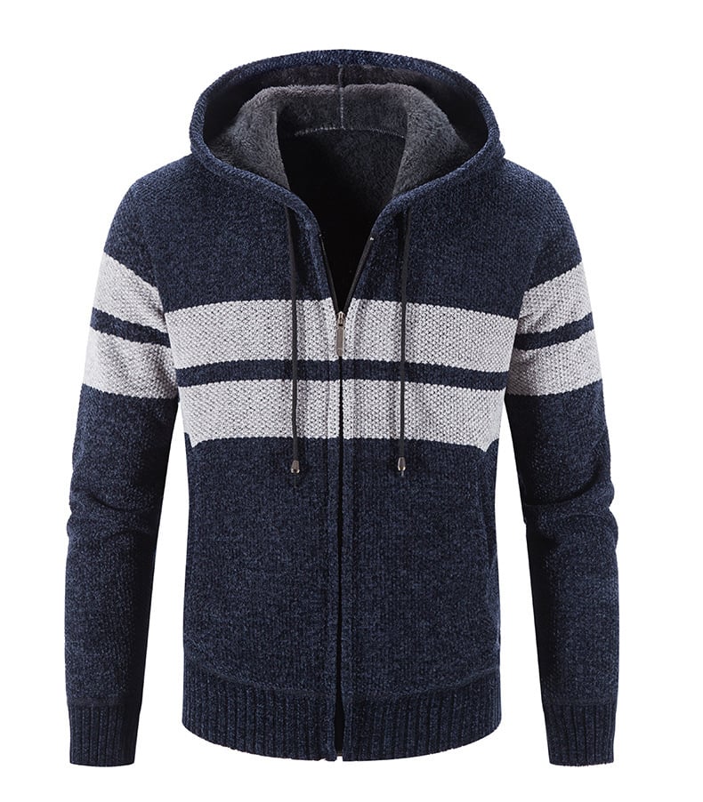 Veste homme tricotée à capuche, doublure thermique pour l'automne/hiver. Style décontracté et moderne avec zip.