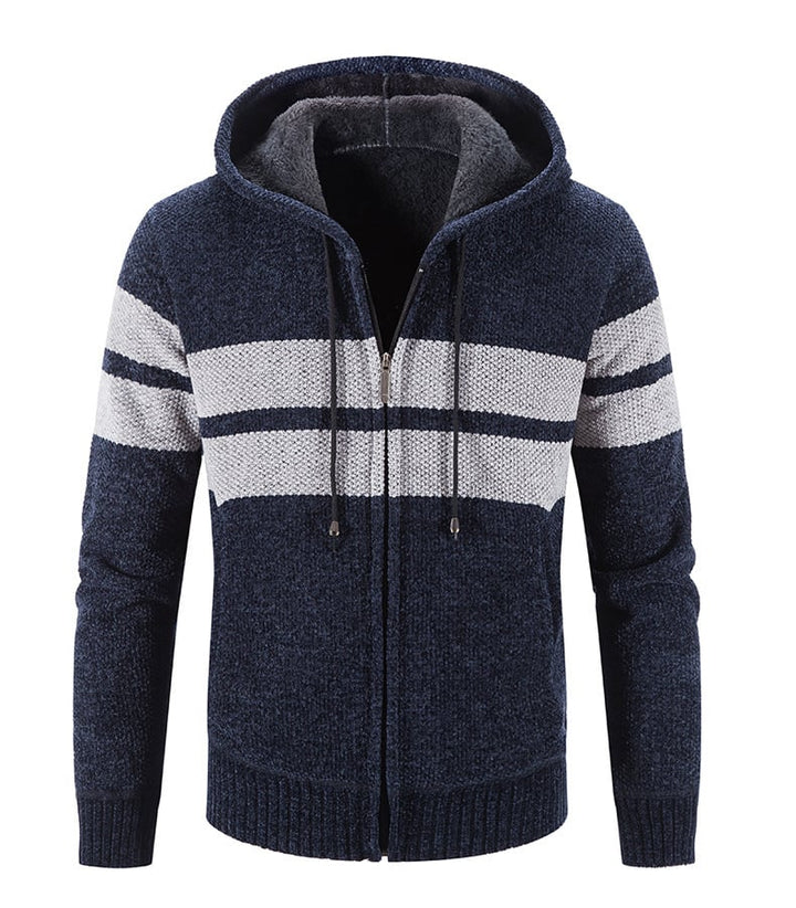 Veste homme tricotée à capuche, doublure thermique pour l'automne/hiver. Style décontracté et moderne avec zip.