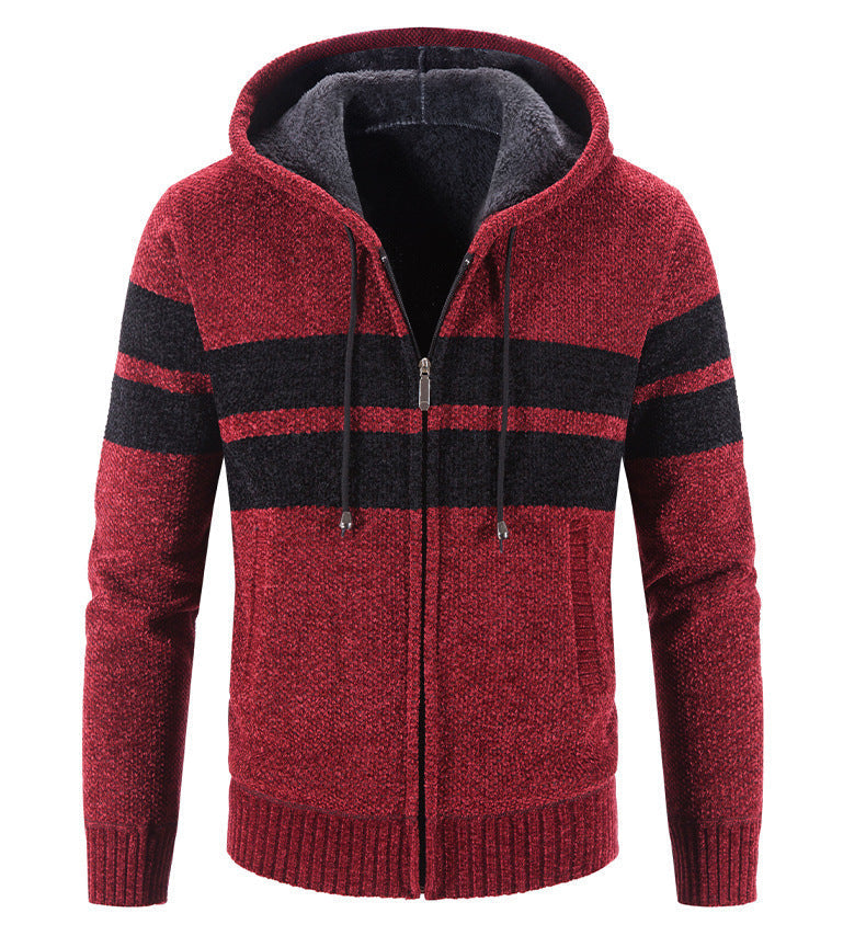 Veste cardigan homme tricotée à capuche avec zip et doublure thermique. Tenue chaude et décontractée pour l'hiver.