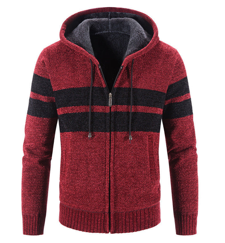 Veste cardigan homme tricotée à capuche avec zip et doublure thermique. Tenue chaude et décontractée pour l'hiver.
