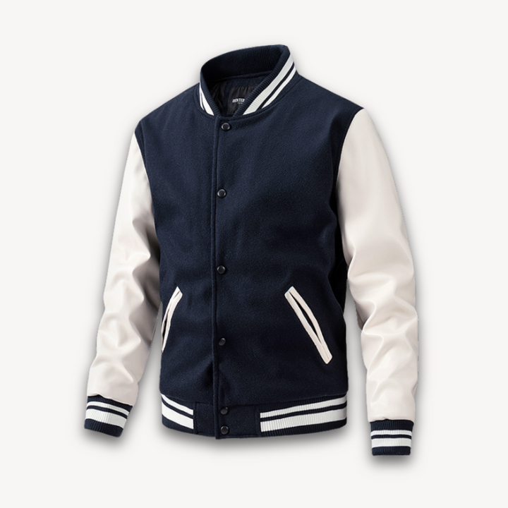 "Veste universitaire homme, manches effet cuir, boutons pression, style décontracté urbain, bord-côtes rayés contrastants."