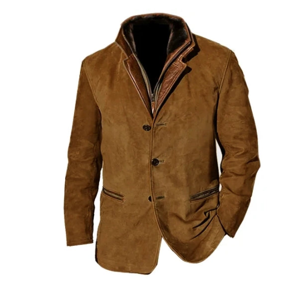 Veste vintage homme avec boutons, poches, en textile chaud et nuances café, kaki, brun, bleu, noir, style rétro élégant.