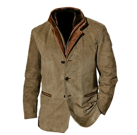 Veste vintage homme avec boutons, poches, en textile chaud et nuances café, kaki, brun, bleu, noir, style rétro élégant.