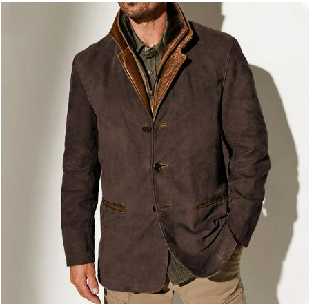 Veste vintage homme avec boutons, poches, en textile chaud et nuances café, kaki, brun, bleu, noir, style rétro élégant.