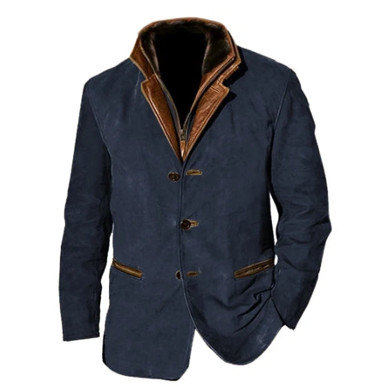 Veste vintage homme avec boutons, poches, en textile chaud et nuances café, kaki, brun, bleu, noir, style rétro élégant.