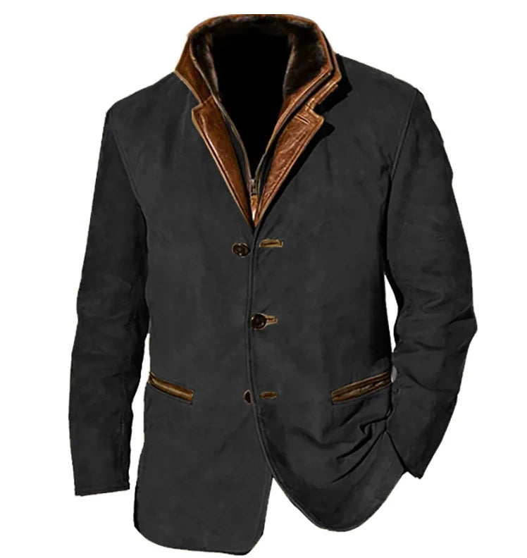 Veste vintage homme avec boutons, poches, en textile chaud et nuances café, kaki, brun, bleu, noir, style rétro élégant.