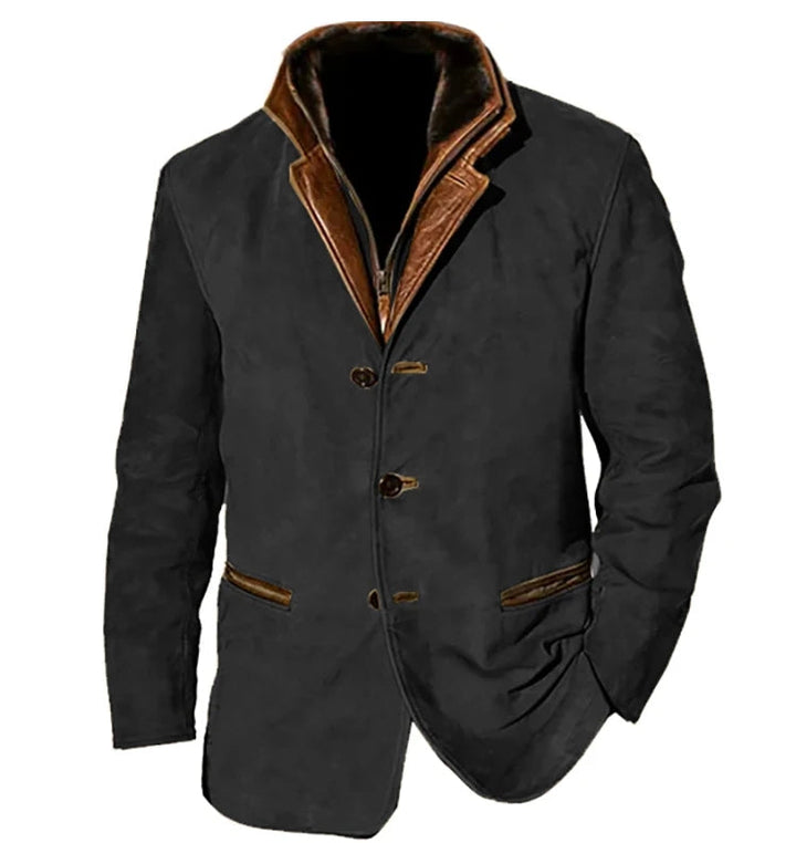 Veste vintage homme avec boutons, poches, en textile chaud et nuances café, kaki, brun, bleu, noir, style rétro élégant.