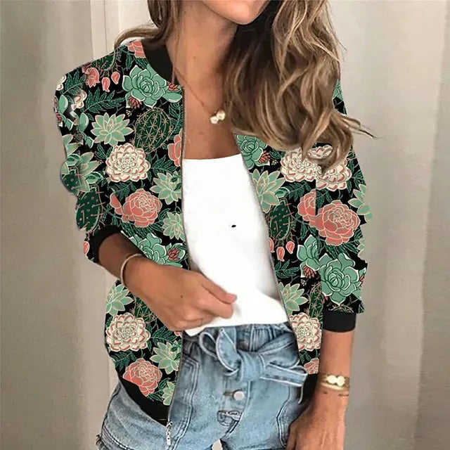 Veste zippée imprimée femme, style unique et décontracté, parfaite pour le printemps/automne.