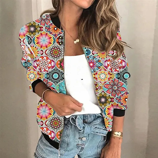 Veste femme élégante imprimée et zippée, pour un look chic décontracté printemps/automne.