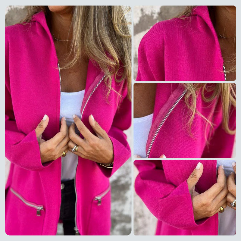 Détail d'une veste femme zippée, montrant la texture du tissu et la qualité pour un style chic et un confort optimal.