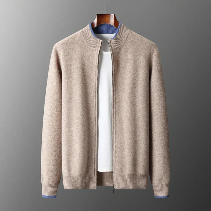 "Veste zippée pour homme en cachemire, élégante et chaleureuse, idéale pour temps frais, facile à combiner et entretenir."