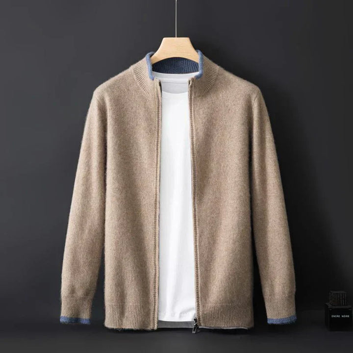 "Veste zippée pour homme en cachemire, élégante et chaleureuse, idéale pour temps frais, facile à combiner et entretenir."