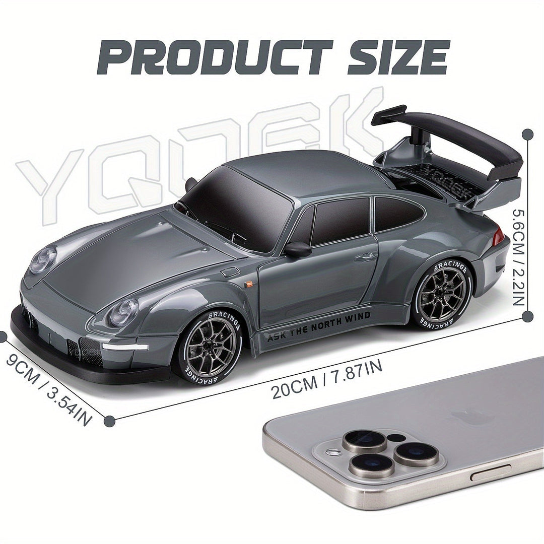 "Voiture RC Drift 4WD en action avec LED brillantes et batterie rechargeable, idéale pour drifts spectaculaires."
