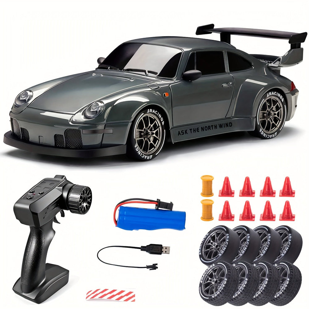 "Voiture RC Drift 4WD en action avec LED brillantes et batterie rechargeable, idéale pour drifts spectaculaires."